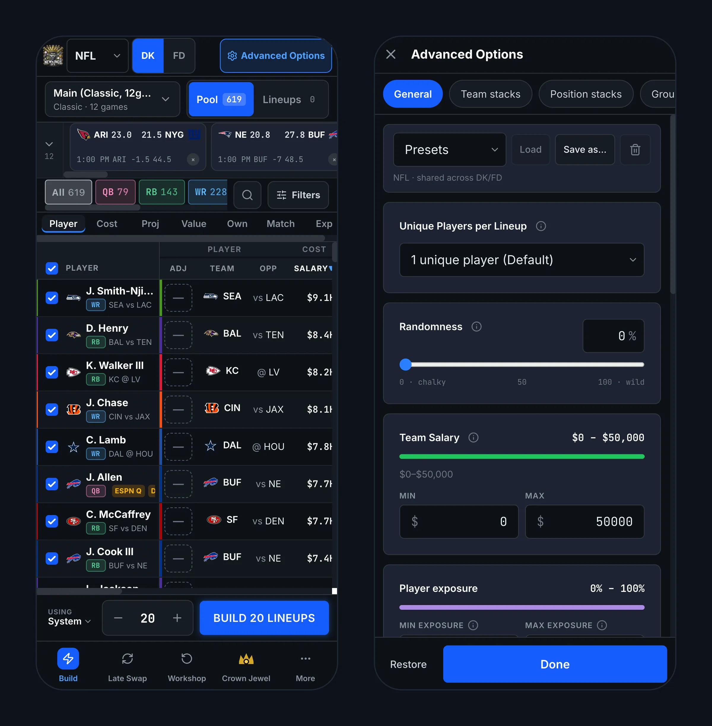 The player pool and Advanced Options on a phone.